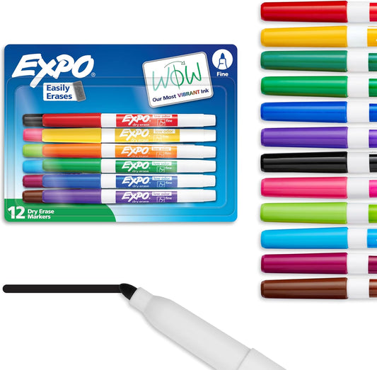 EXPO Dry Erase Markers, Low Odor Ink, Assorted Colors, Fine Tip, 12 Co