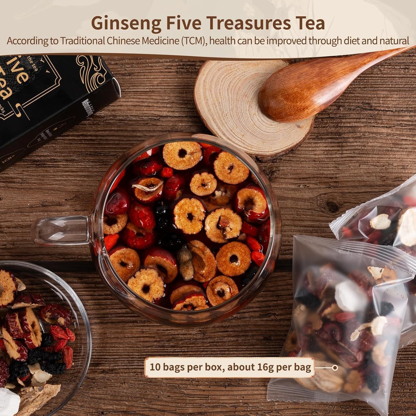 Ginseng Five Treasures Kidney Tea, Traditional Chinese Herbal TeaBags,