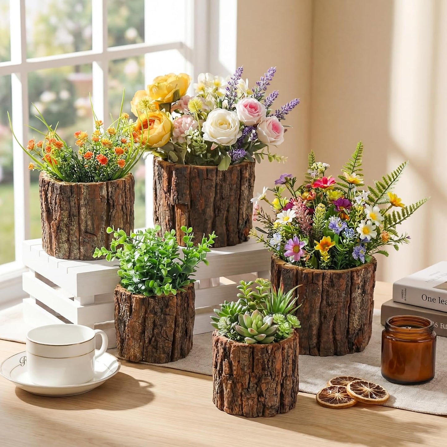 6 Pcs Wooden Vase for Centerpieces Wedding Flower Table Centerpieces Woodland Party Decor Rustic Farmhouse Bark Stump Buckets Vintage Planter Pots for Garden Baby Shower Window Home (L+m+s)