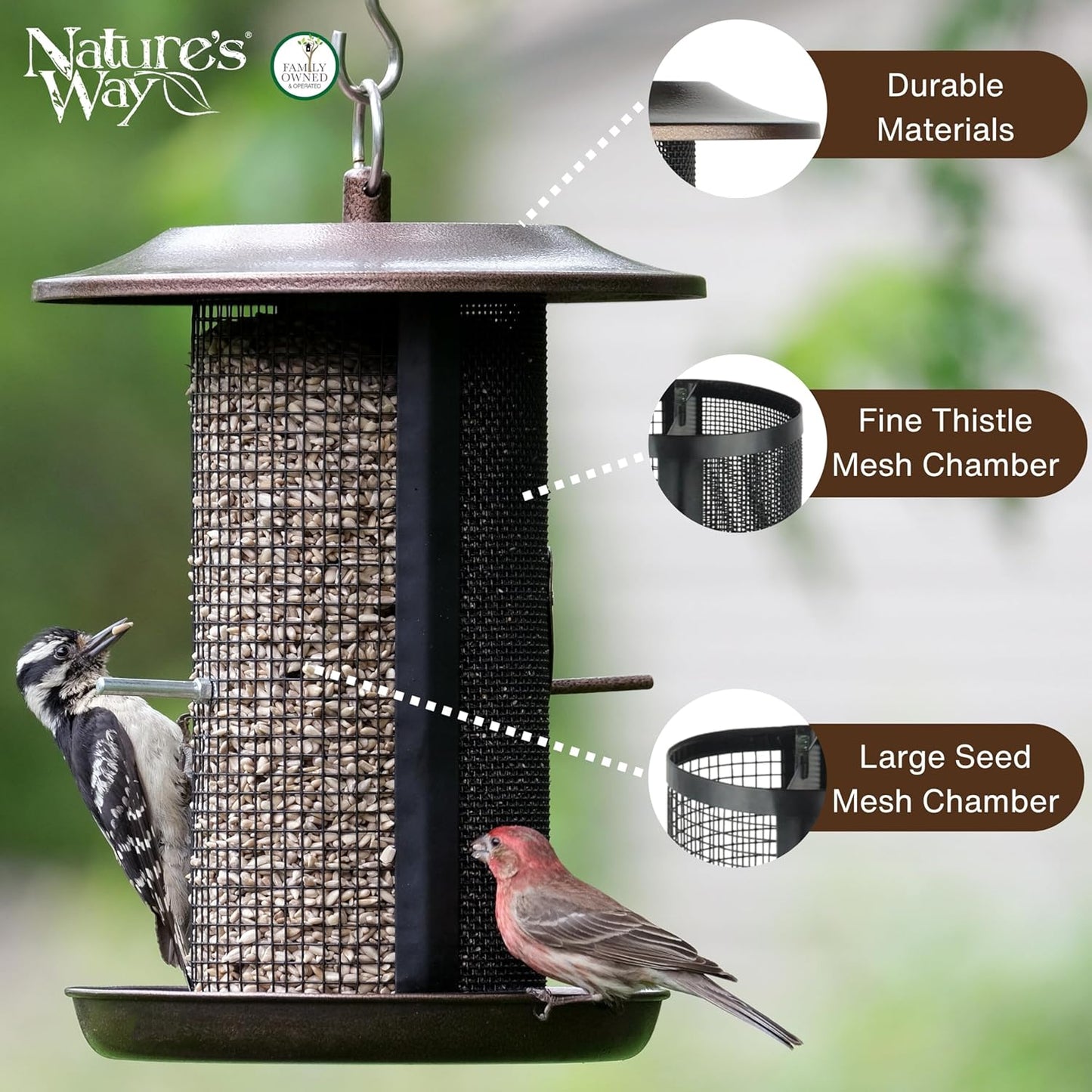 Nature’s Way Beloved Bronze Dual-Chamber Metal Mesh Bird Feeder for Outdoor Décor, 2.375 Qt Capacity with Easy Clean Design, Seed Tray Drainage & Powder-Coated Metal, Bronze