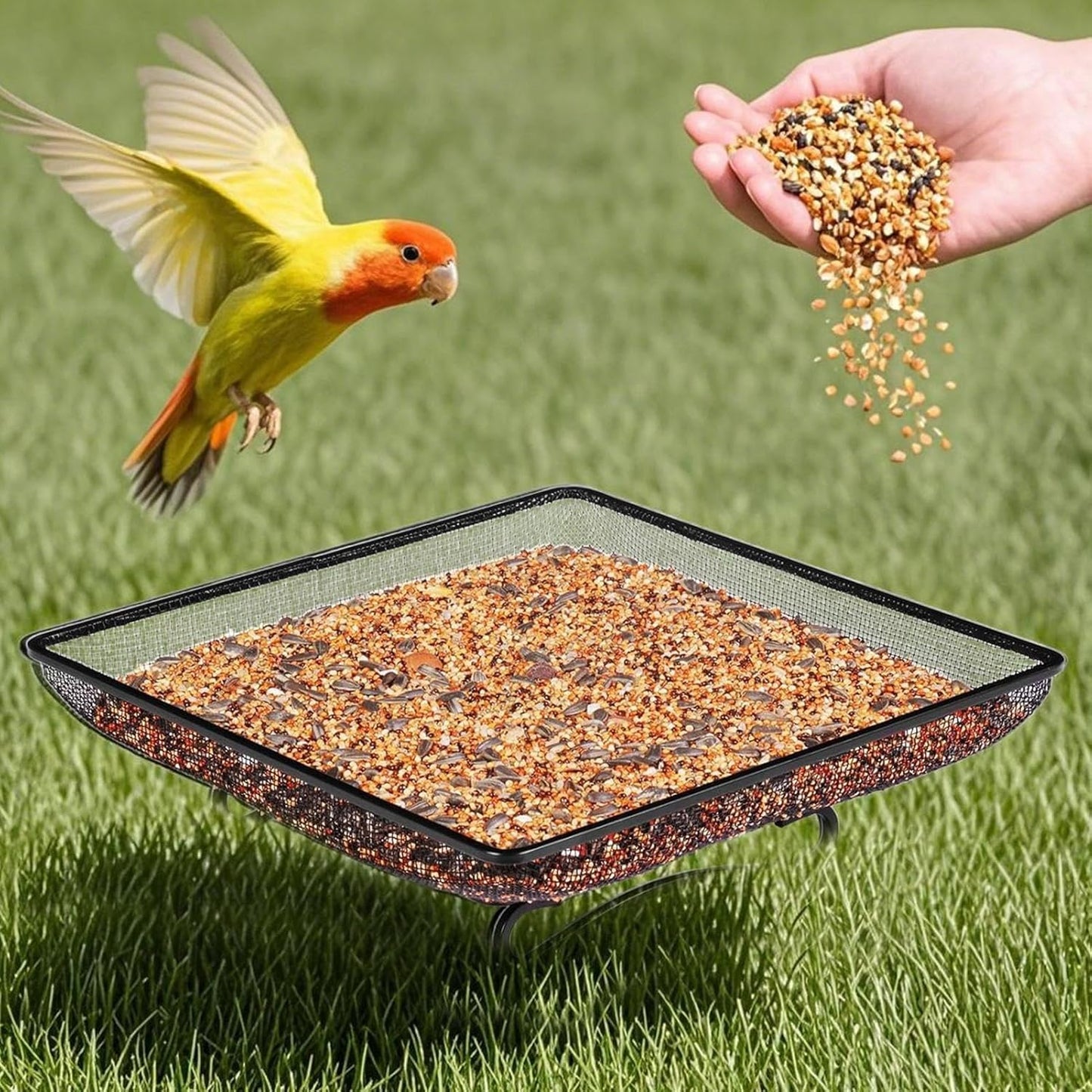 Wild Bird Feeders, Square Ground Tray Feeder, Metal Mesh Bowl for Feeding Birds, Stainless Steel Bird Feeder with Mesh Design, Outdoor Garden Station with Wildlife Access, Blue Jay Squirrel Feed Use