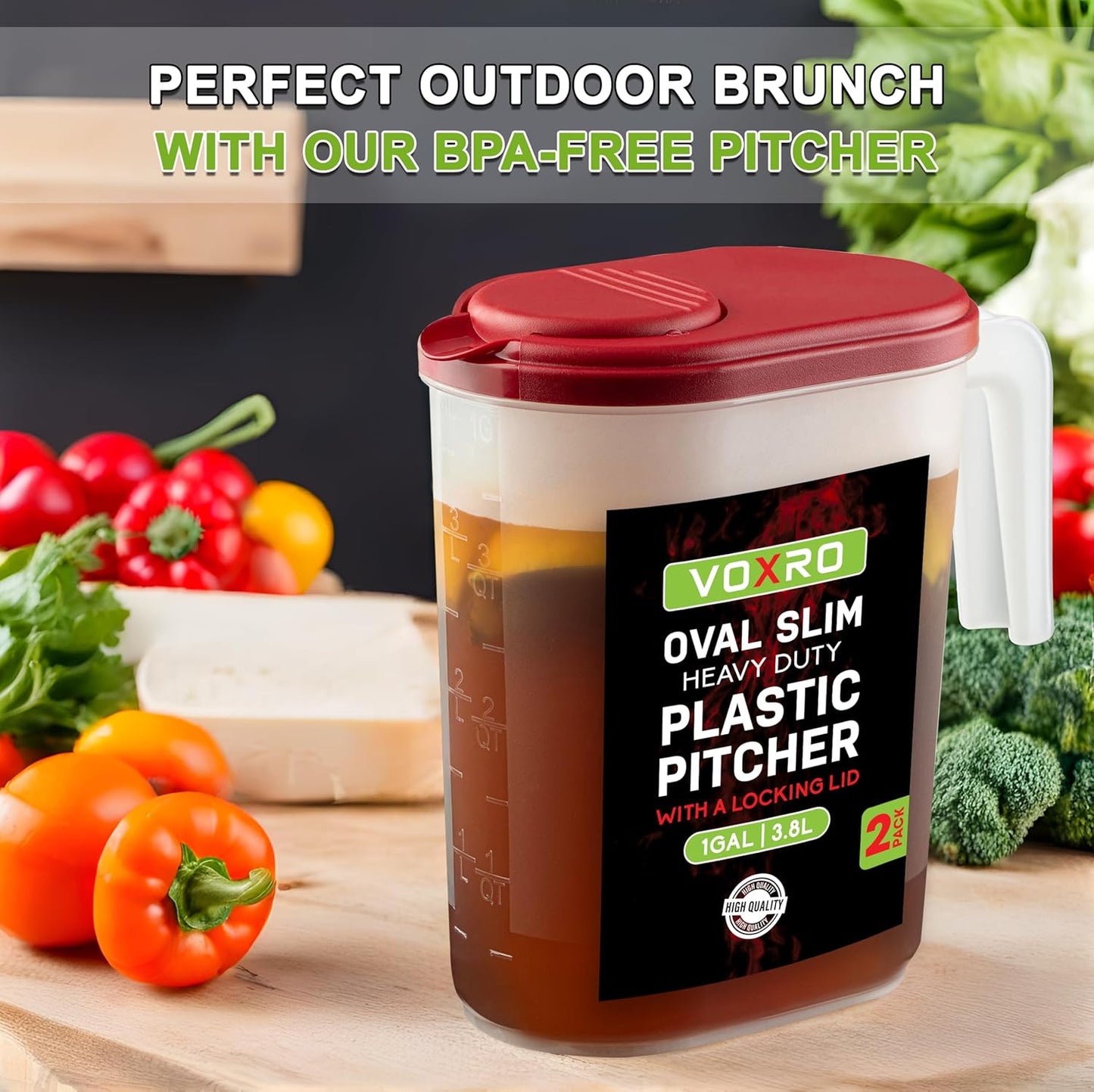 2-Pack Oval Slim Plastic Pitchers With Lids – 1 Gallon, Flip-Top Pivot