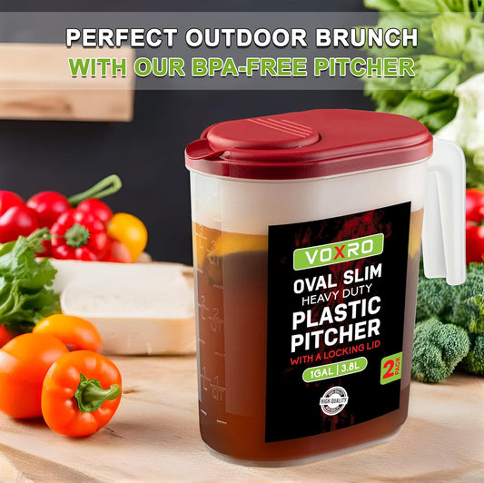 2-Pack Oval Slim Plastic Pitchers With Lids – 1 Gallon, Flip-Top Pivot