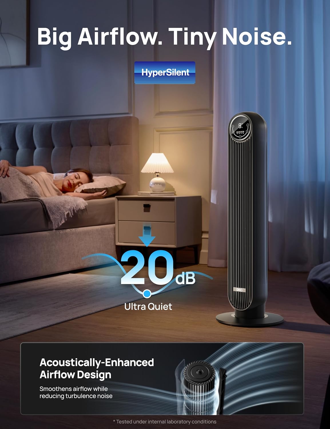 DREO Tower Fan for Bedroom, 2026 Upgraded DC Motor, 28ft/s High Velocity, 20dB Ultra Quiet Standing Fan, 8 Speeds 4 Modes, 90° Oscillating Bladeless Fan for Indoors, Floor Fans with Remote, Black