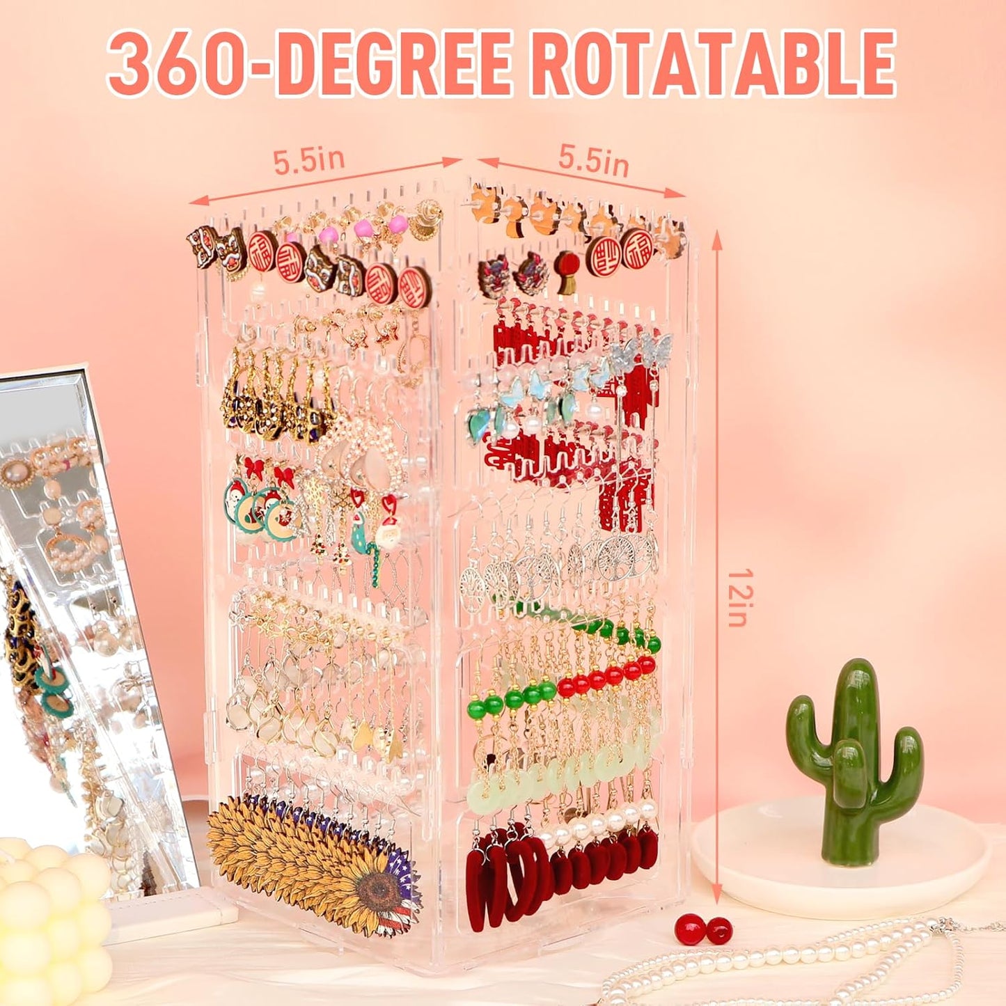 360 Rotating Earring Holder Organizer Stand,5 Tiers Acrylic Jewelry Organizers and Storage,Stud Earring Organizers and Storage,212 Holes and 212 Grooves for Earrings Necklaces chain bracelet