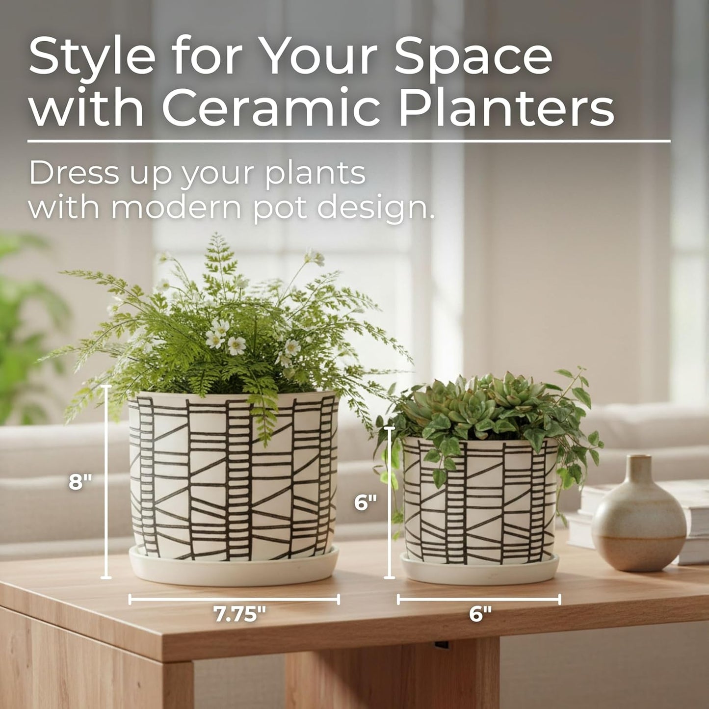 Set of 2 Geometric Decorative Ceramic Planter Pots with Saucer – Stone