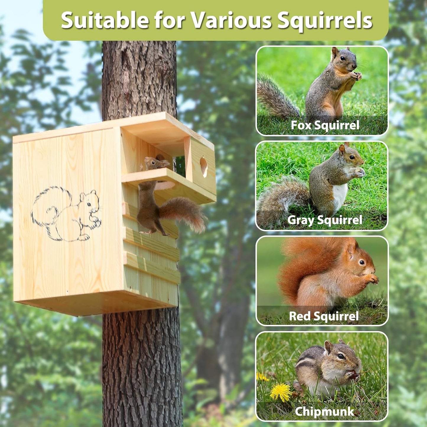Wooden Squirrel House Outdoor, 12.6" W Large Nesting Box with External