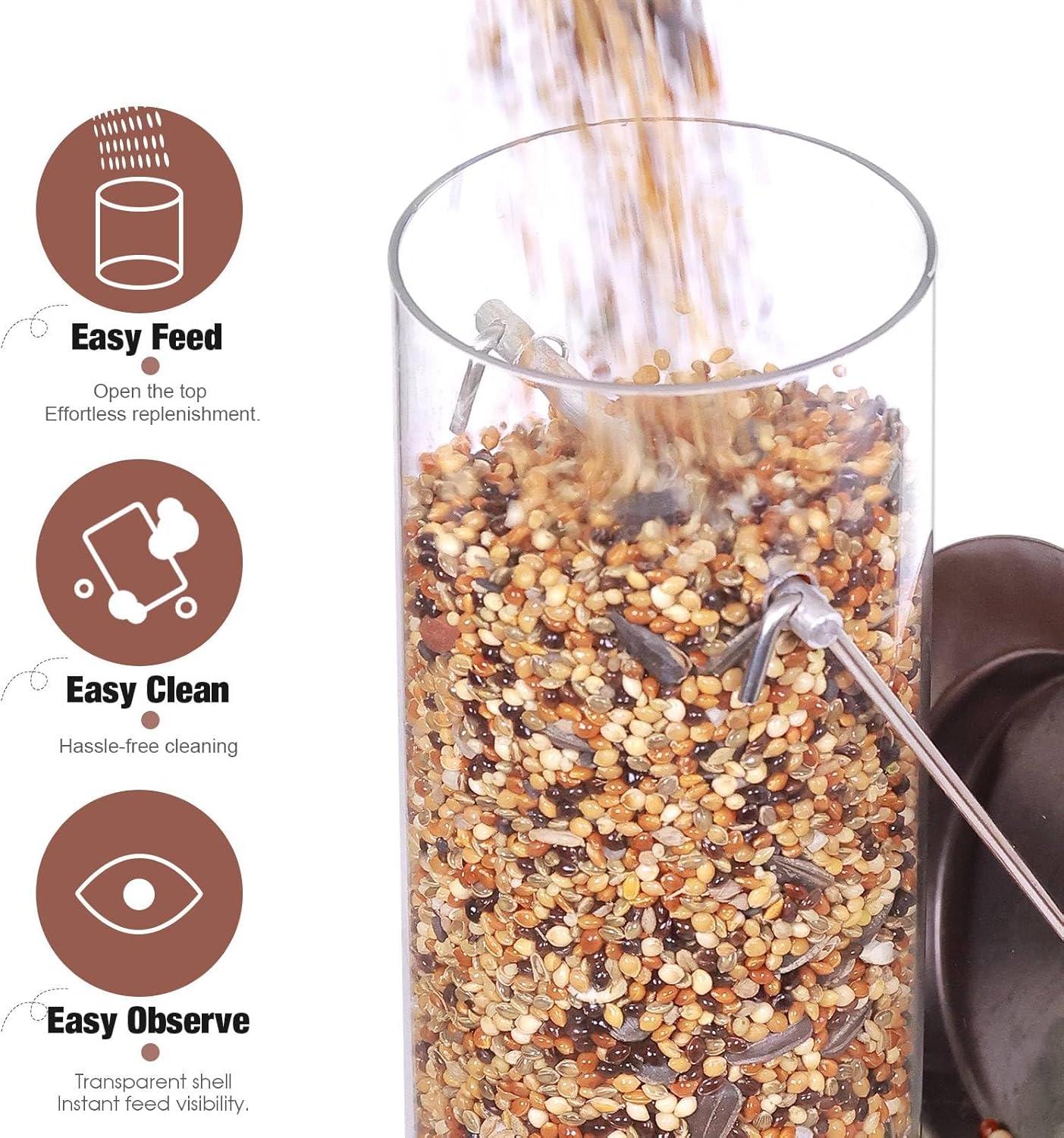 ERYTLLY Metal Bird Feeder for Wild Birds - 1.4mm Extra Thick Solid Transparent Tube With Steel Hanger, Squirrel Proof for Outside (Antique Copper-Metal 6 Feeding Ports)