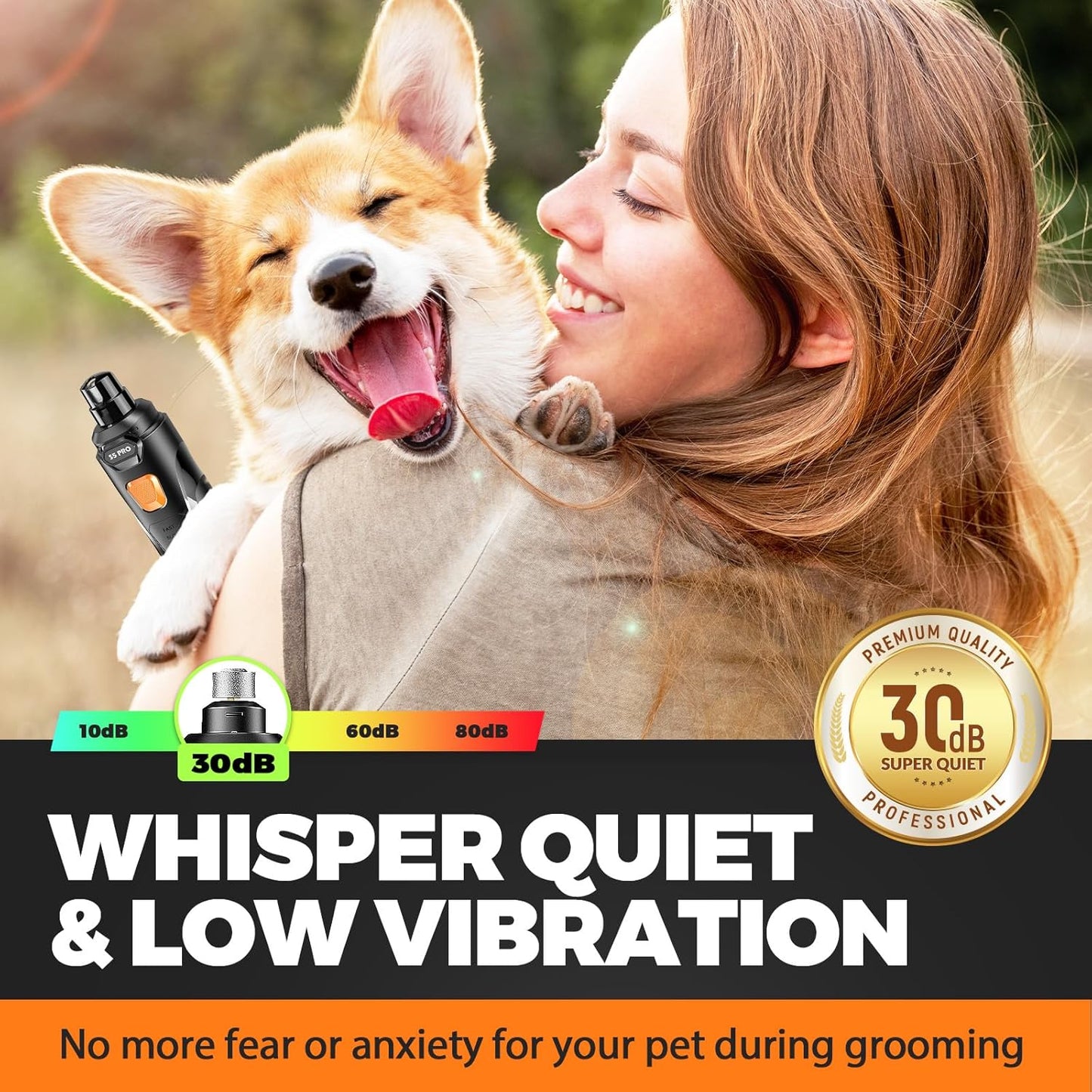 Whisper Quiet Dog Nail Grinder with LED Light, Safe & Stress-Free for 