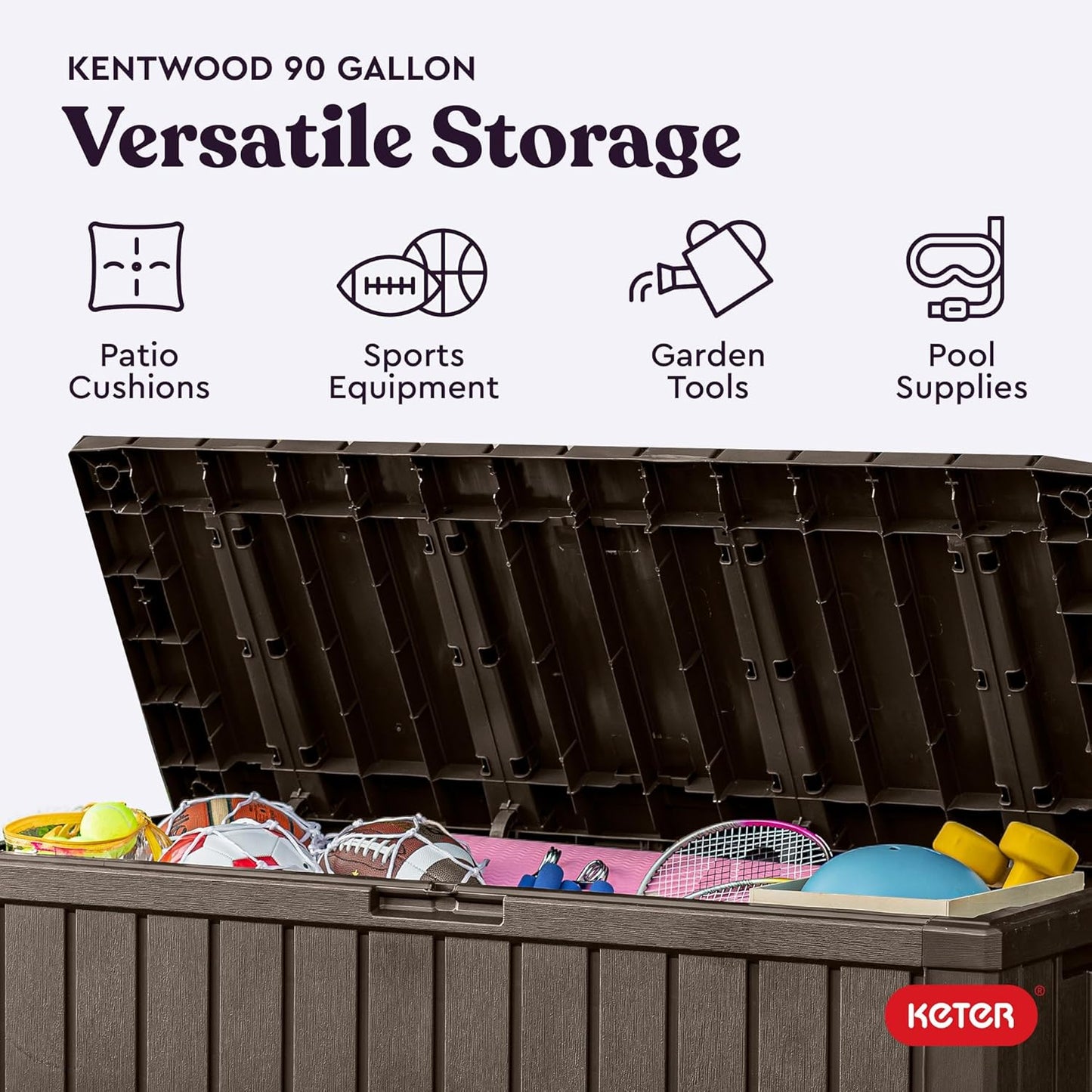 Keter Kentwood 92 Gallon Resin Deck Box-Organization and Storage for Patio Furniture Outdoor Cushions, Throw Pillows, Garden Tools and Pool Floats, Brown