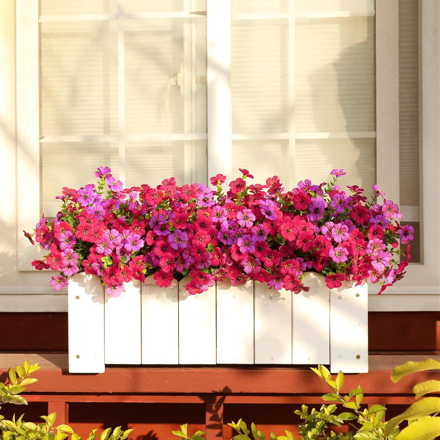 Artificial Flowers for Outdoors Spring Decor, 16 Bundles UV Resistant Realistic Fuax Silk Flowers, Fake Plants for Planter Indoor Outside Garden Porch Patio Window Box Balcony Yard (Fuchsia Purple)