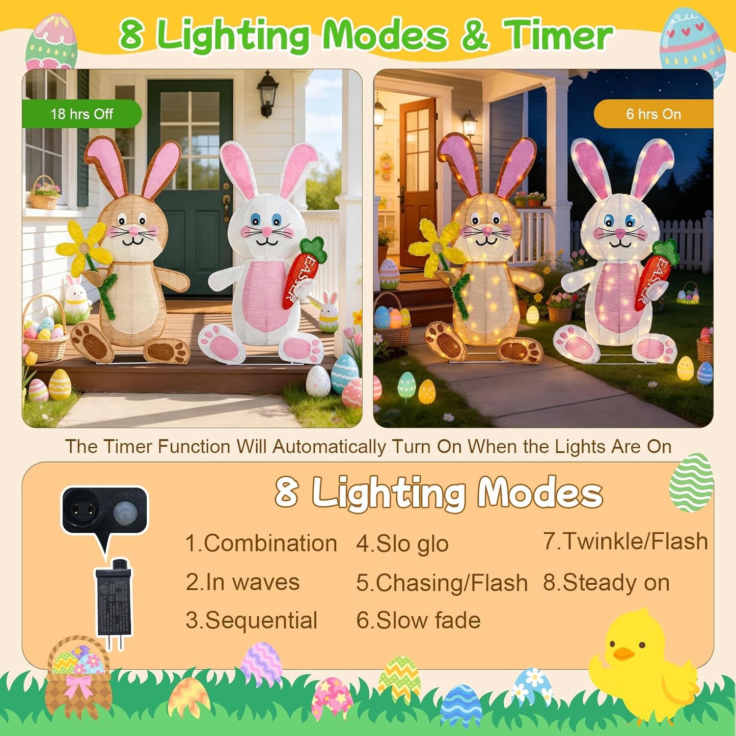 Easter Decorations Outdoor Yard Decor, Set of 2 Lighted Bunny Ornament for Porch Lawn Patio Garden, 120 LED Lights, 35 Inch, Rabbit Gifts for Women Mom, with Carrot & Blossom