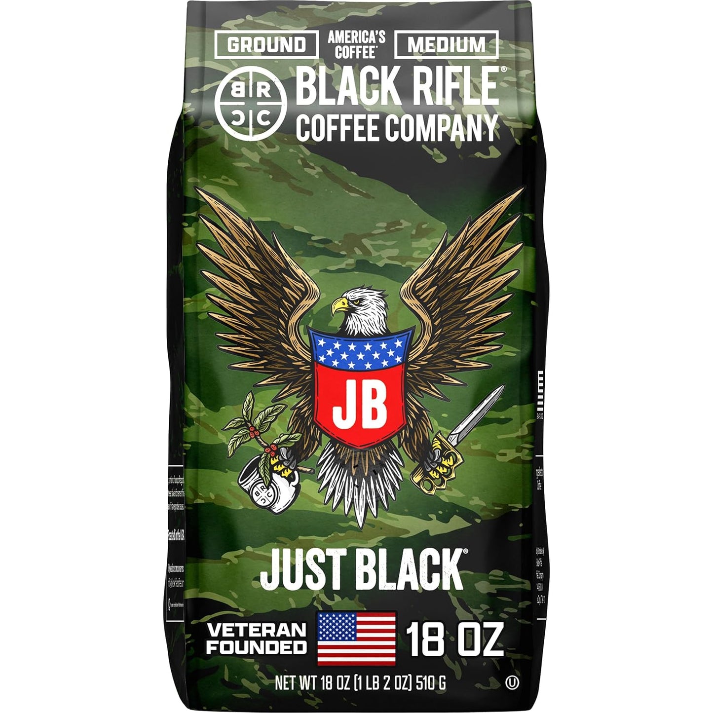 Black Rifle Coffee Company Just Black, 18oz Bag, Ground Coffee Medium Roast - Roasted Blend Made from Arabica Beans - Colombian & Brazilian Beans - Veteran Founded & American Made