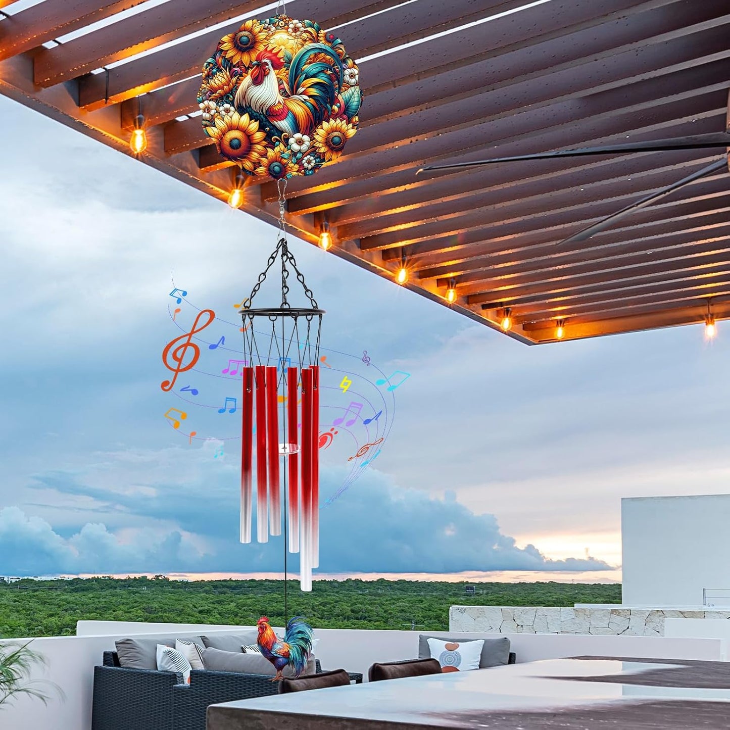 Windchimes with Wind Spinner Outdoors, Rooster Wind Chimes Gifts for W