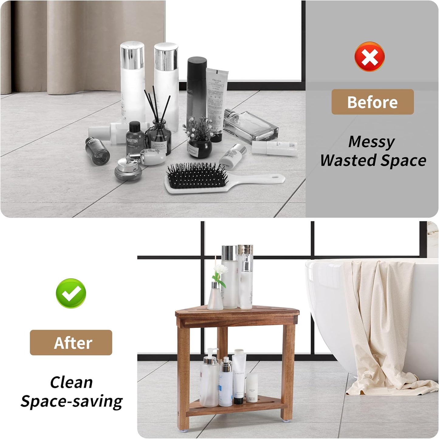 Shower Foot Rest 14in, Acacia Wood Shower Stool for Shaving Legs, Waterproof Corner Shower Stool with Storage Shelf for Inside Small Shower Spaces, Wood Color