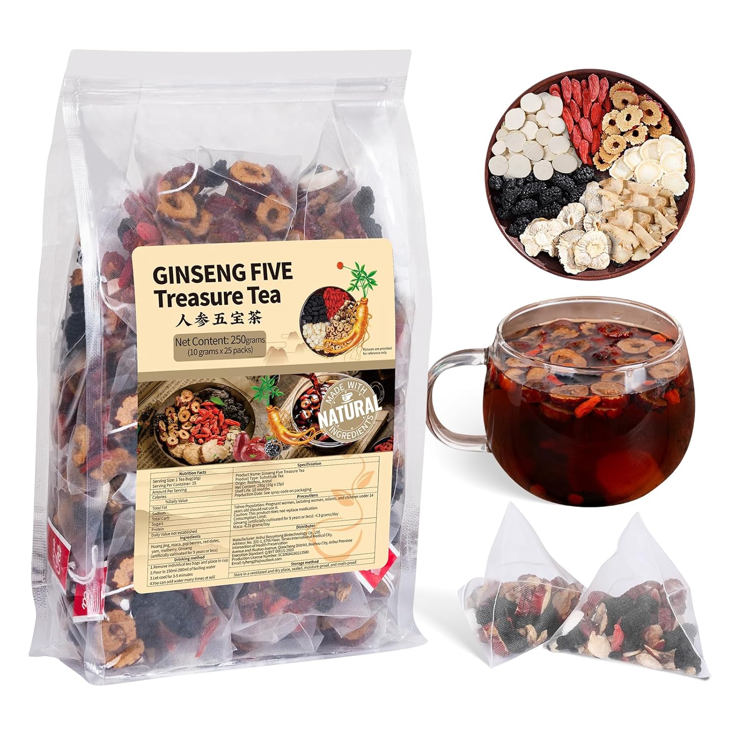 Ginseng Five Treasures Kidney Tea, Traditional Chinese Herbal TeaBags,