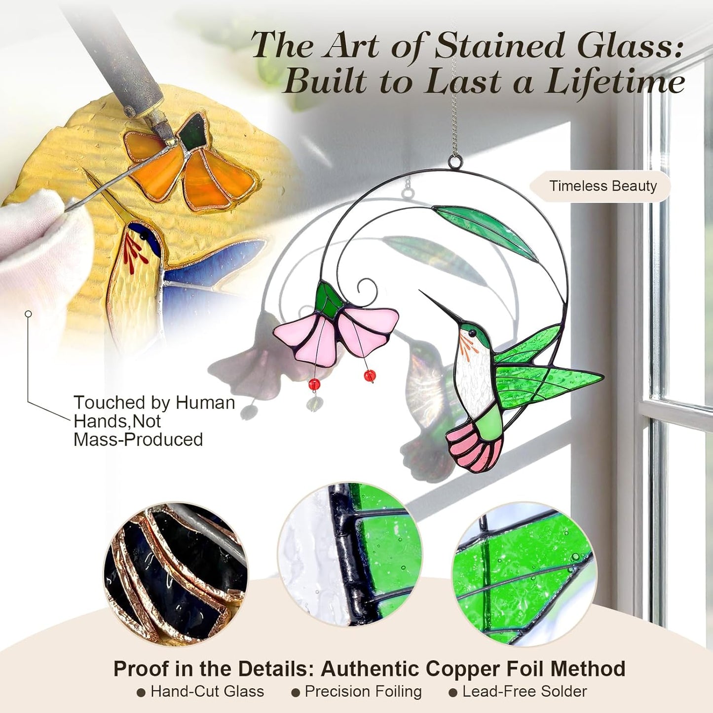 Stained Glass Hummingbird Suncatcher with Flower Branch - Handmade Real Glass Window Hanging, Bird Safe Gift for Women, Mom & Bird Lovers - Vibrant Porch & Kitchen Decor (Green)