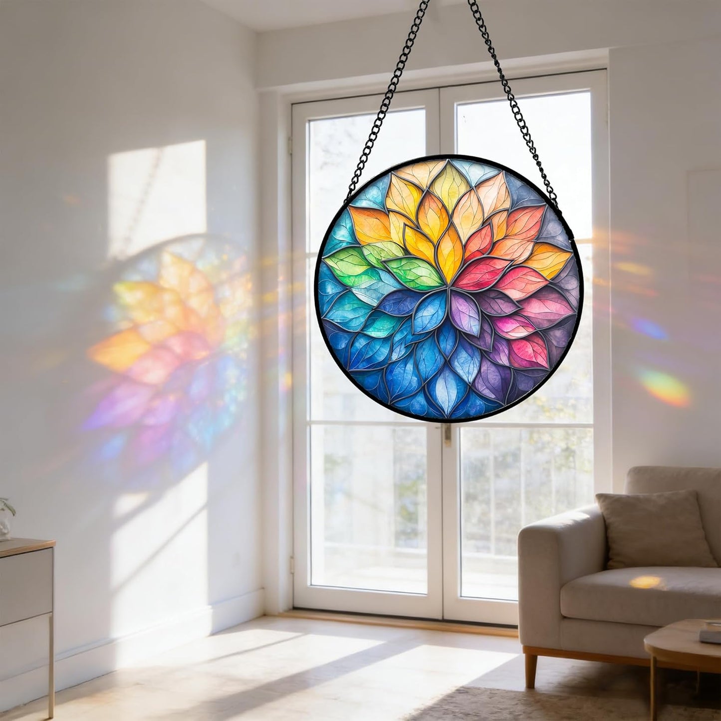 Stained Glass Window Hanging, Colorful Flower Petals Sun Catchers Diam