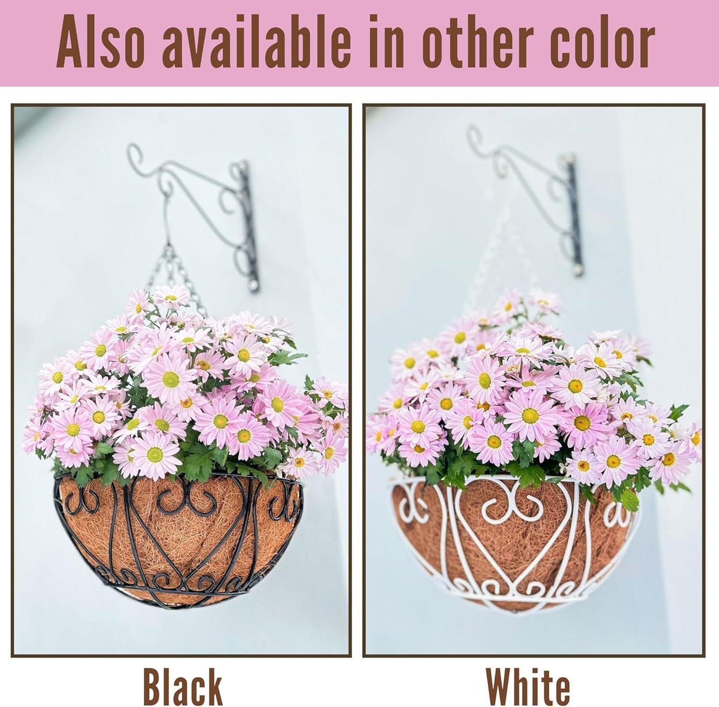 LaLaGreen Hanging Baskets for Plants (14 Inch, 4 Pack) Hanging Flower Pots with Coco Liner, Black Metal Wire Round Basket Plant Holder with Hanger Hook Chain, Outdoor Patio Deck Balcony Garden Decor