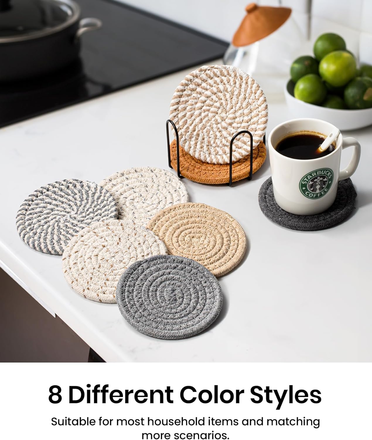 8 Pcs Drink Coasters with Holder, 8 Colors Absorbent Coasters for Drin