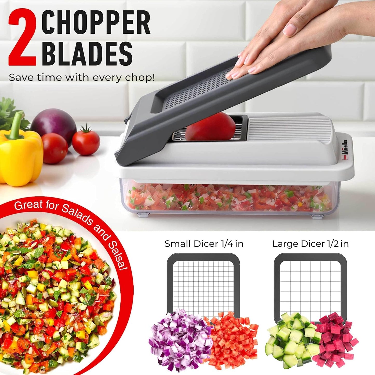 Mueller Vegetable Chopper Mandoline Slicer, Food Veggie Chopper, Cheese Grater, Onion Vegetable Cutter with Container, Dicer, Kitchen Gadgets & Essentials, White Sand/Grey