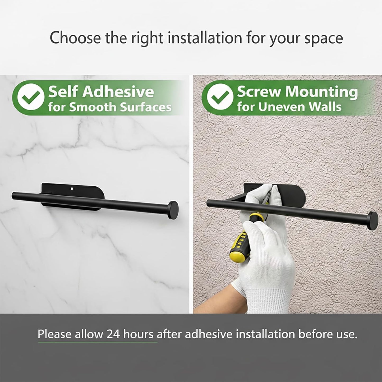 Paper Towel Holder, Self Adhesive or Screw Mounting, Black Wall Mount SUS304 Stainless Steel Paper Towel Holder Under Cabinet for Kitchen, Counter, Cabinet, Bathroom