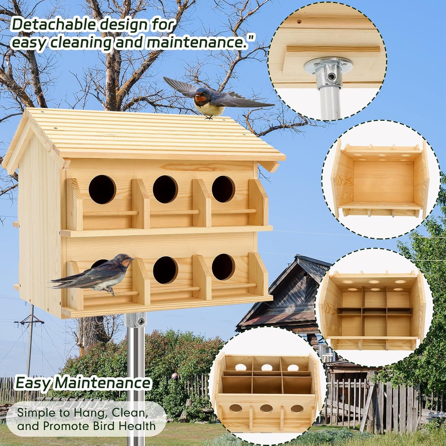 Bird House for Outside 12 Room Round Entry Large Purple Martin House for Garden Courtyard Backyard Decor 20 Inch Rustic Bluebird Wren Chickadee Sparrow Nest Box
