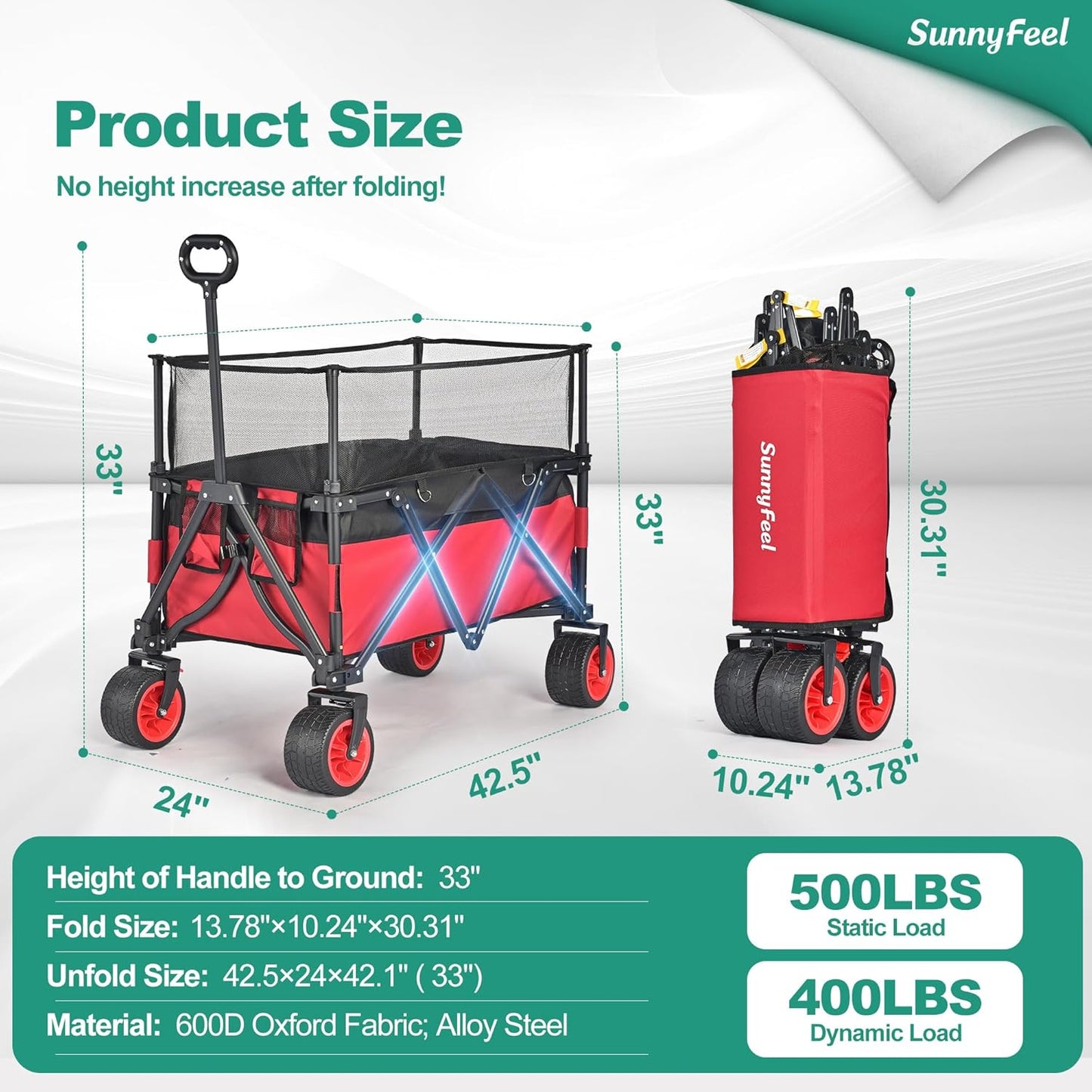 SUNNYFEEL 500 lb Heavy Duty Utility Wagon, Collapsible Outdoor Wagon Cart with Adjustable Handle & Foldable Wheels for Camping, Garden, Shopping (Red, Tall Version)