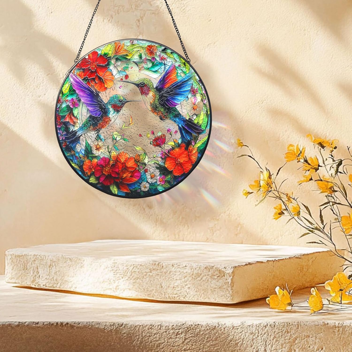 Hummingbird Suncatcher Stained Glass Window Hanging Set, 7.8 Inch Sun 