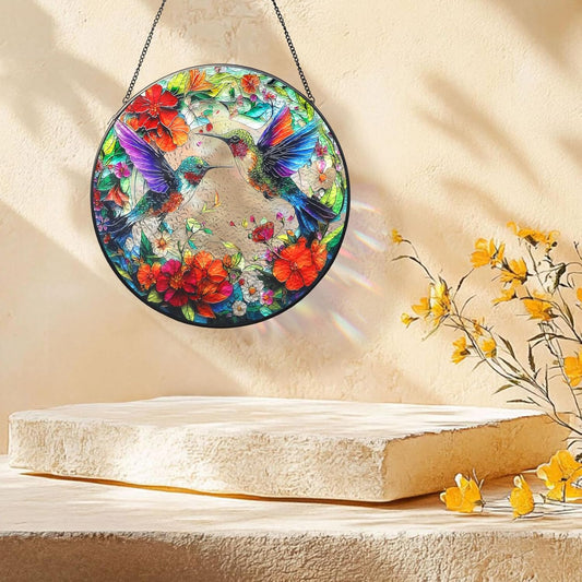 Hummingbird Suncatcher Stained Glass Window Hanging Set, 7.8 Inch Sun 