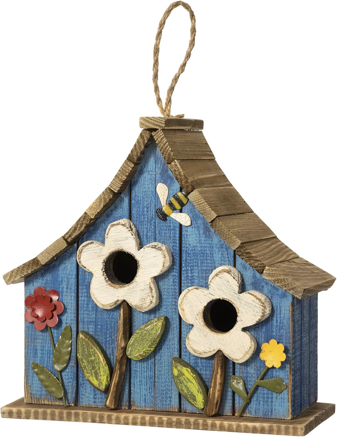 Glitzhome 10.5" H Hanging Birdhouse Washed Blue Distressed Decorative Wooden Two-Story Townhouse with 3D Flowers for Outside