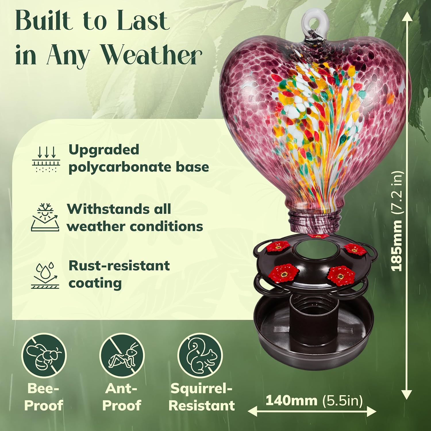 Hand Blown Glass Hummingbird Feeder for Outdoors All Season Use - 28 F