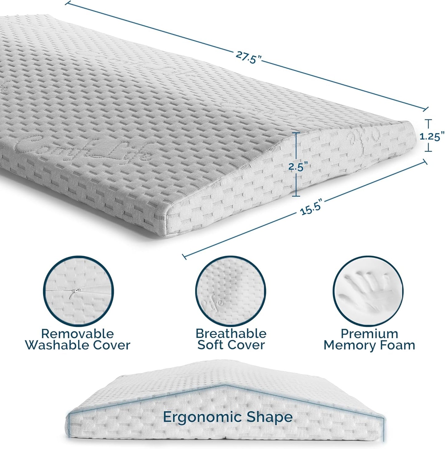 ComfiLife Lumbar Support Pillow for Sleeping Memory Foam Pillow for Back Pain Relief - Side, Back and Stomach Sleepers- Triangle Wedge Pillow - Bed Rest Pillow - Medium-Soft (White, Standard)