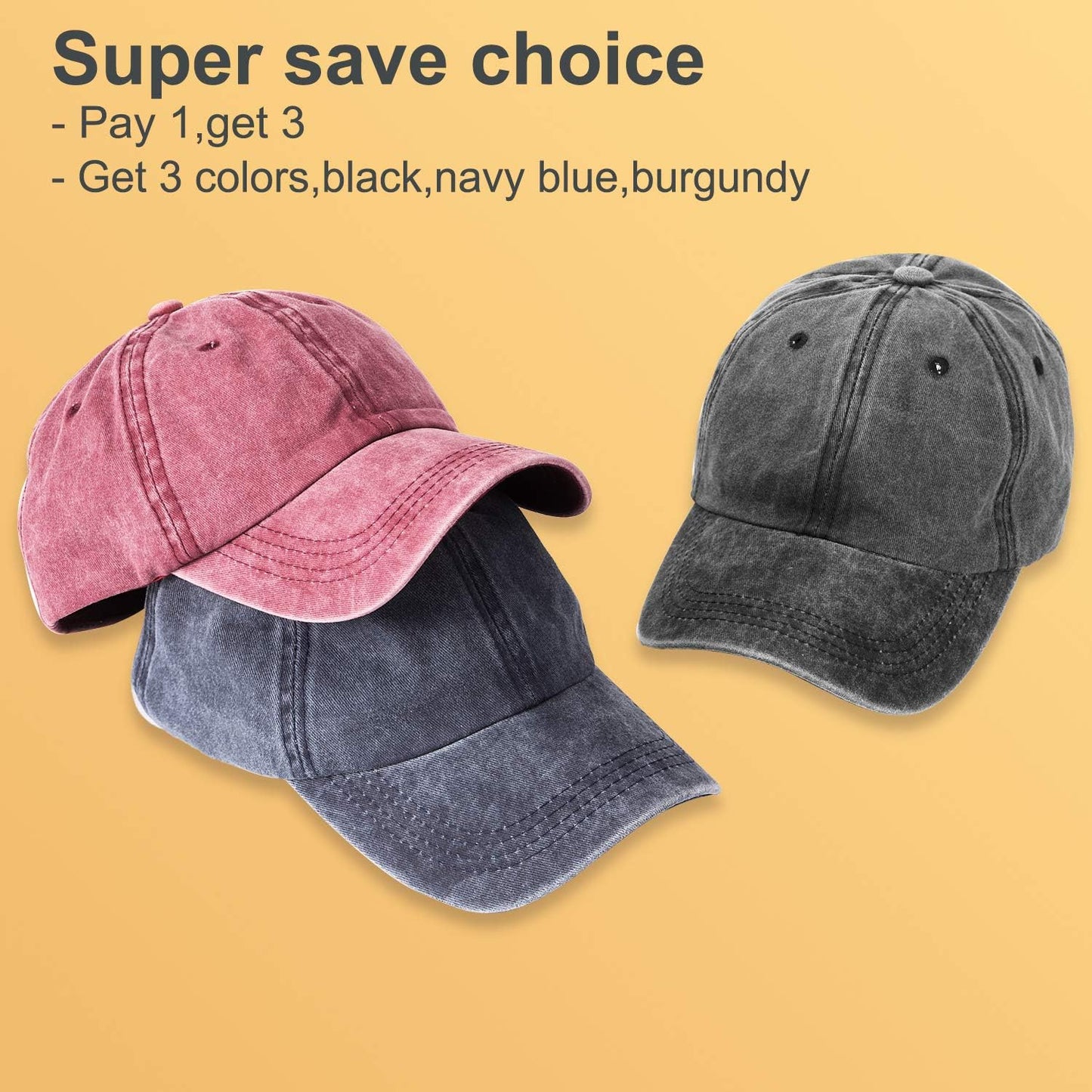 3 Packs Washed-Cotton Plain Baseball Cap, Vintage Adjustable Dad Hats 