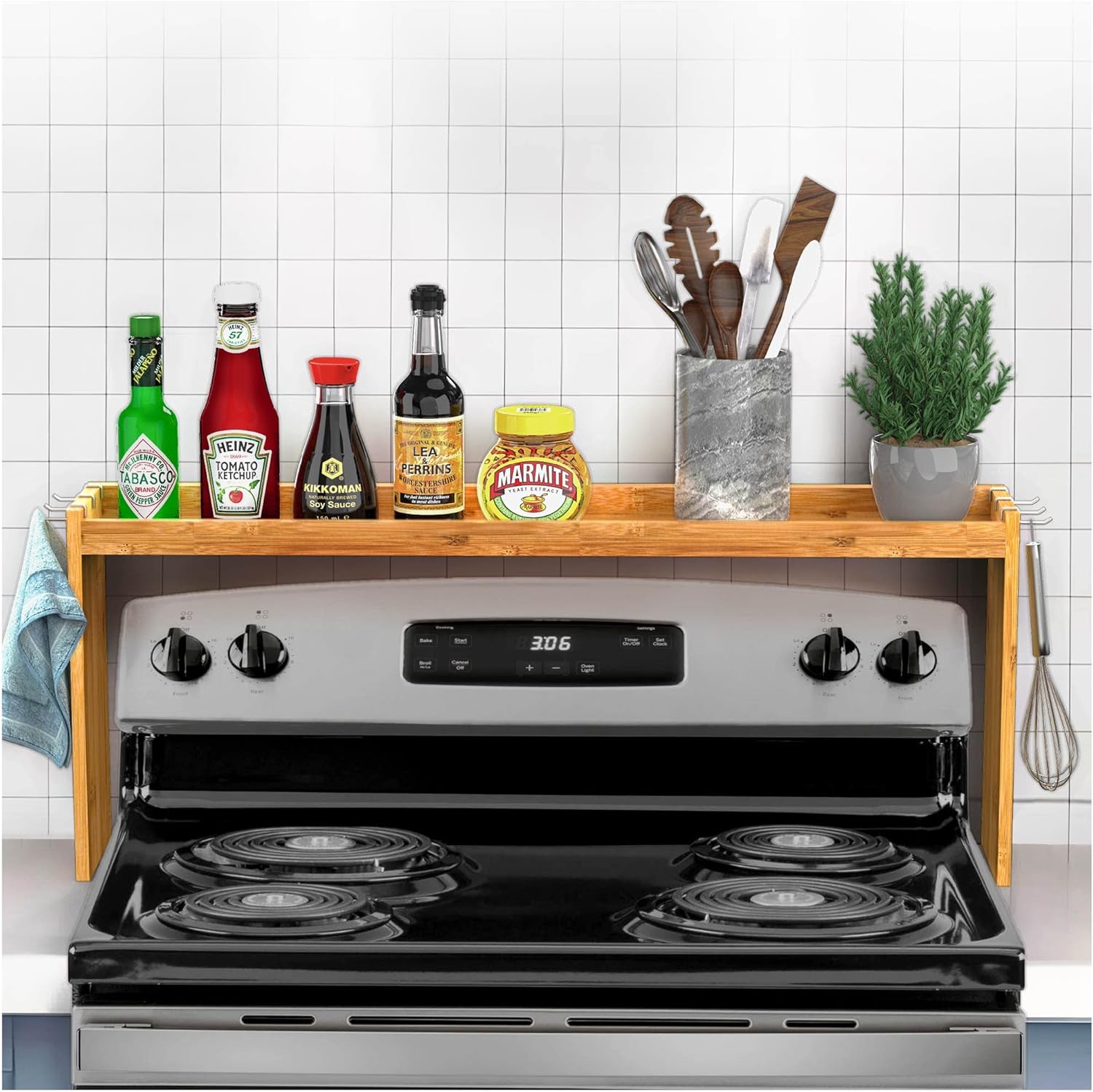 IIIOIIIA Bamboo Over the Stove Spice Shelf for Kitchen, 31.5" Spice Ra