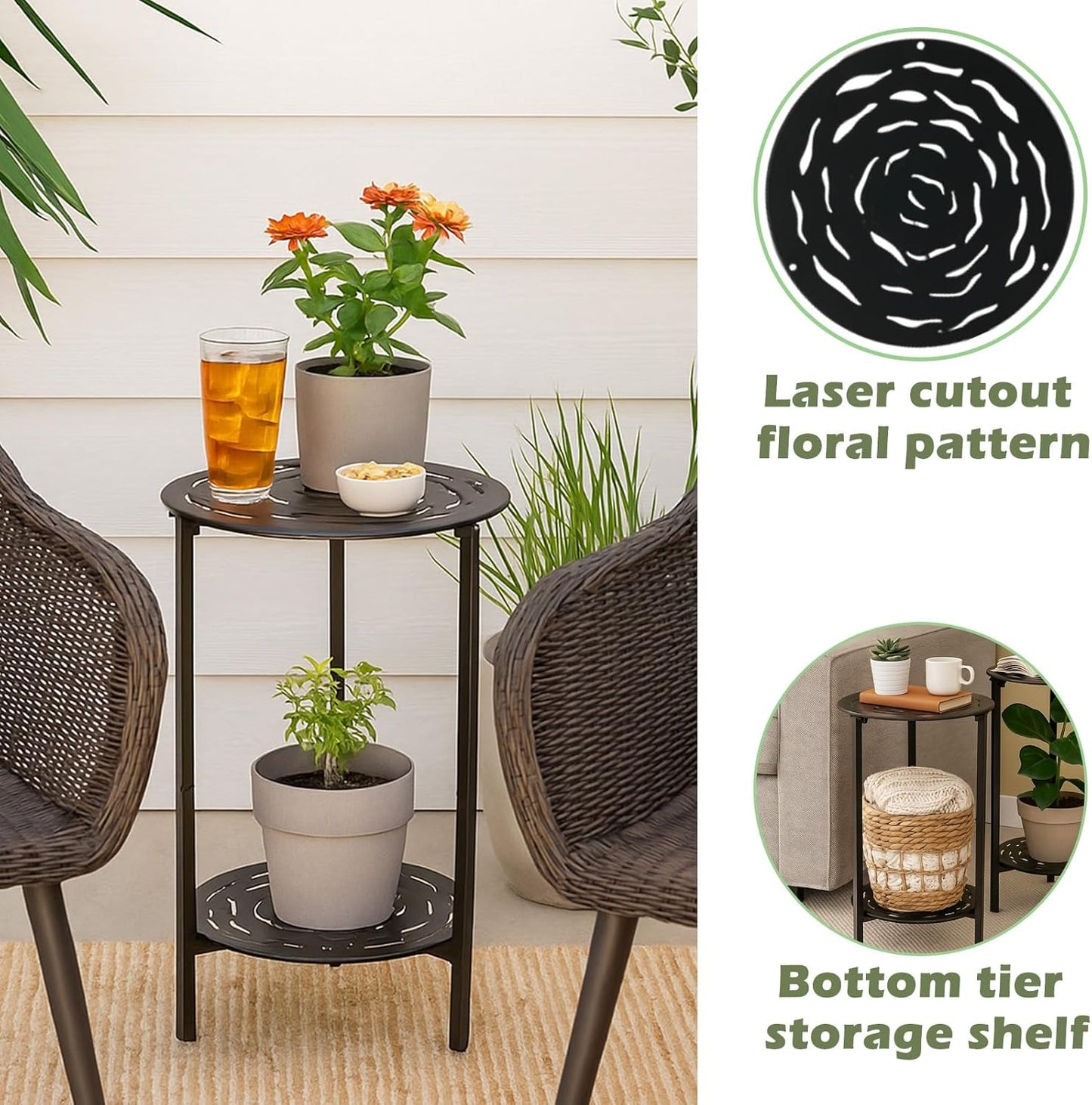 2-Tier Metal Round Side Table Black Accent Coffee Tables Small Space C