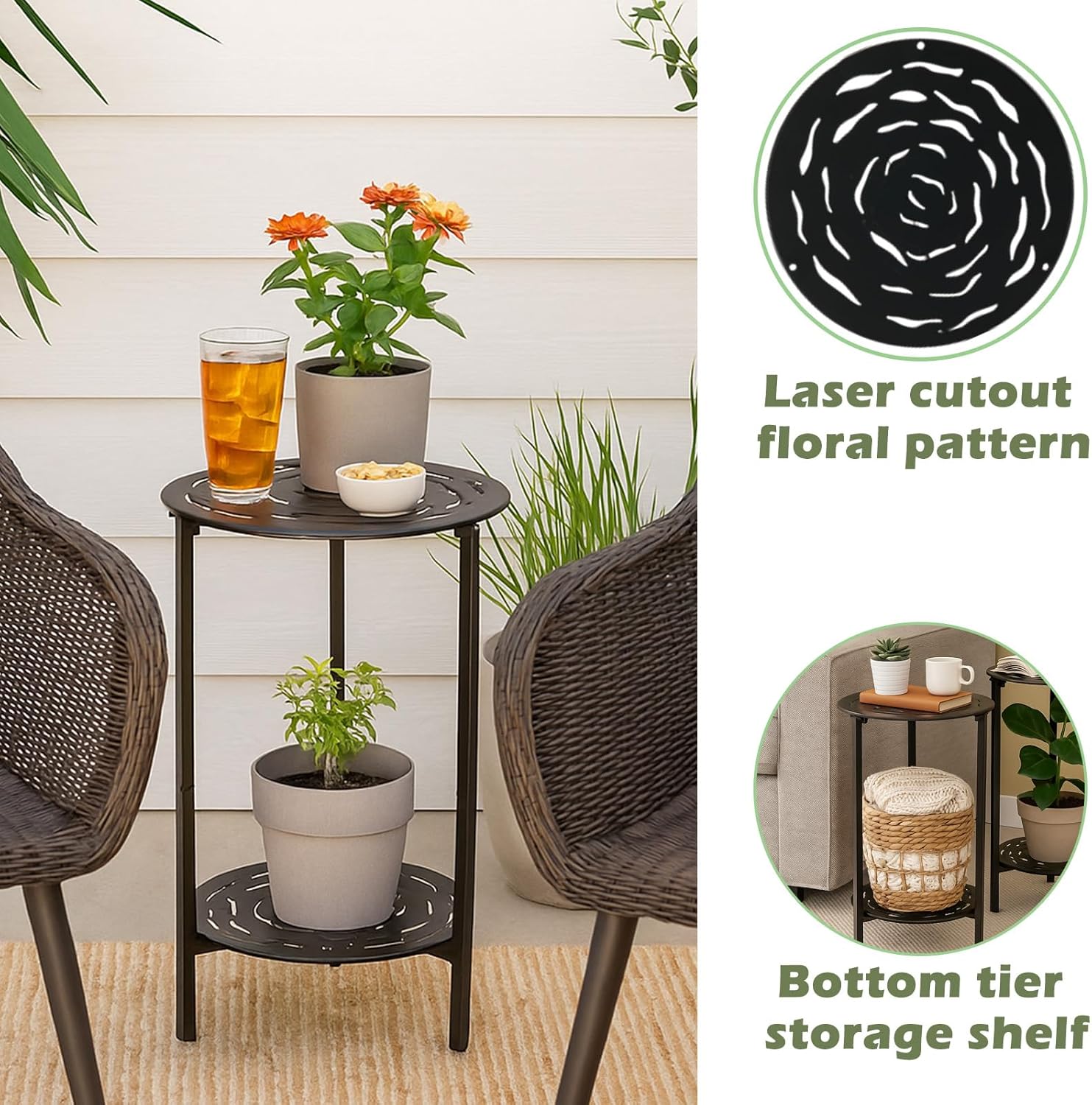 2-Tier Metal Round Side Table Black Accent Coffee Tables Small Space C