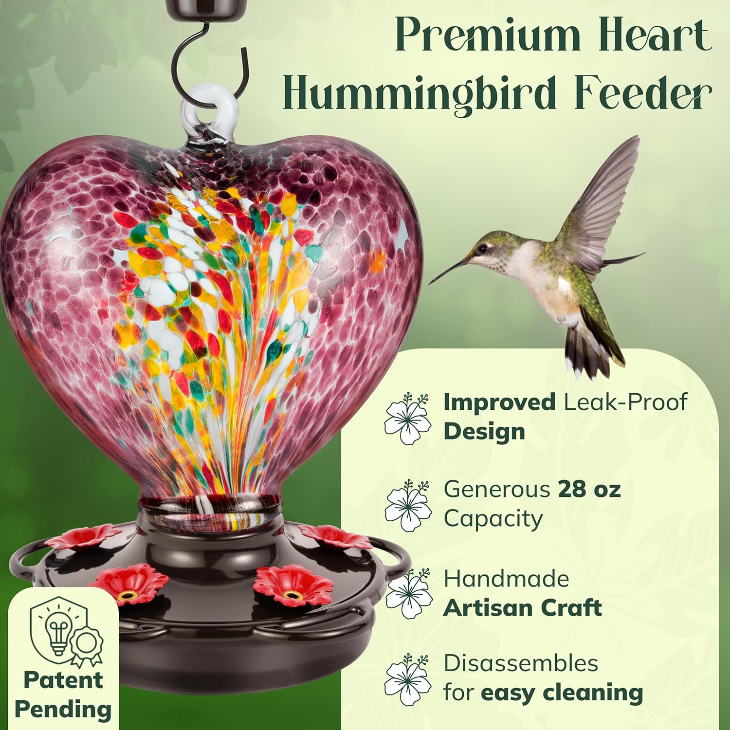 Hand Blown Glass Hummingbird Feeder for Outdoors All Season Use - 28 F