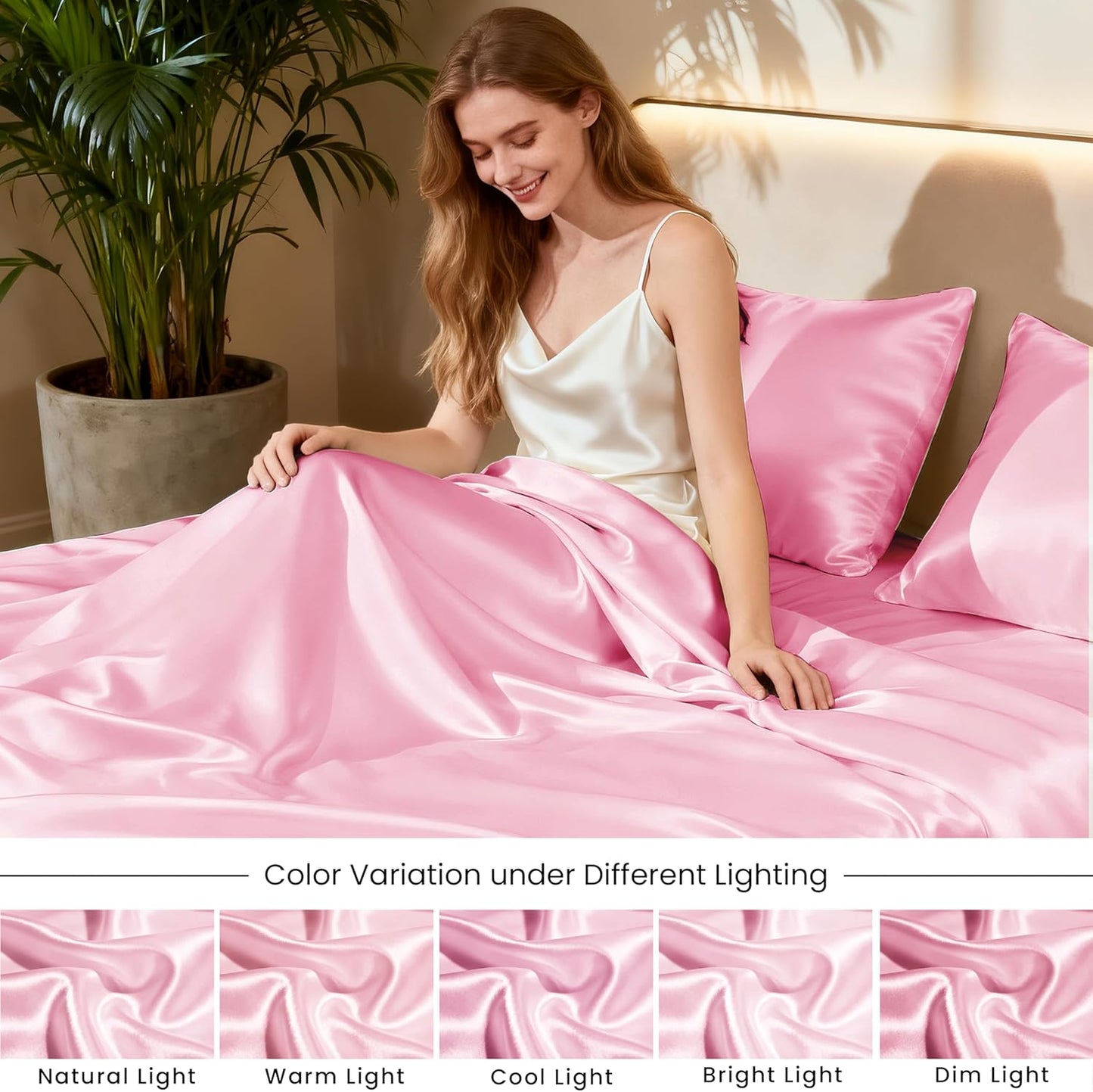 Love's cabin Satin Queen Sheets Set - 4 Piece Pink Silky Bed Sheets Set with Deep Pocket, Luxury Silk Feel Satin Queen Size Sheet Set (1 Flat Sheet, 1 Fitted Sheet, 2 Pillow Cases)