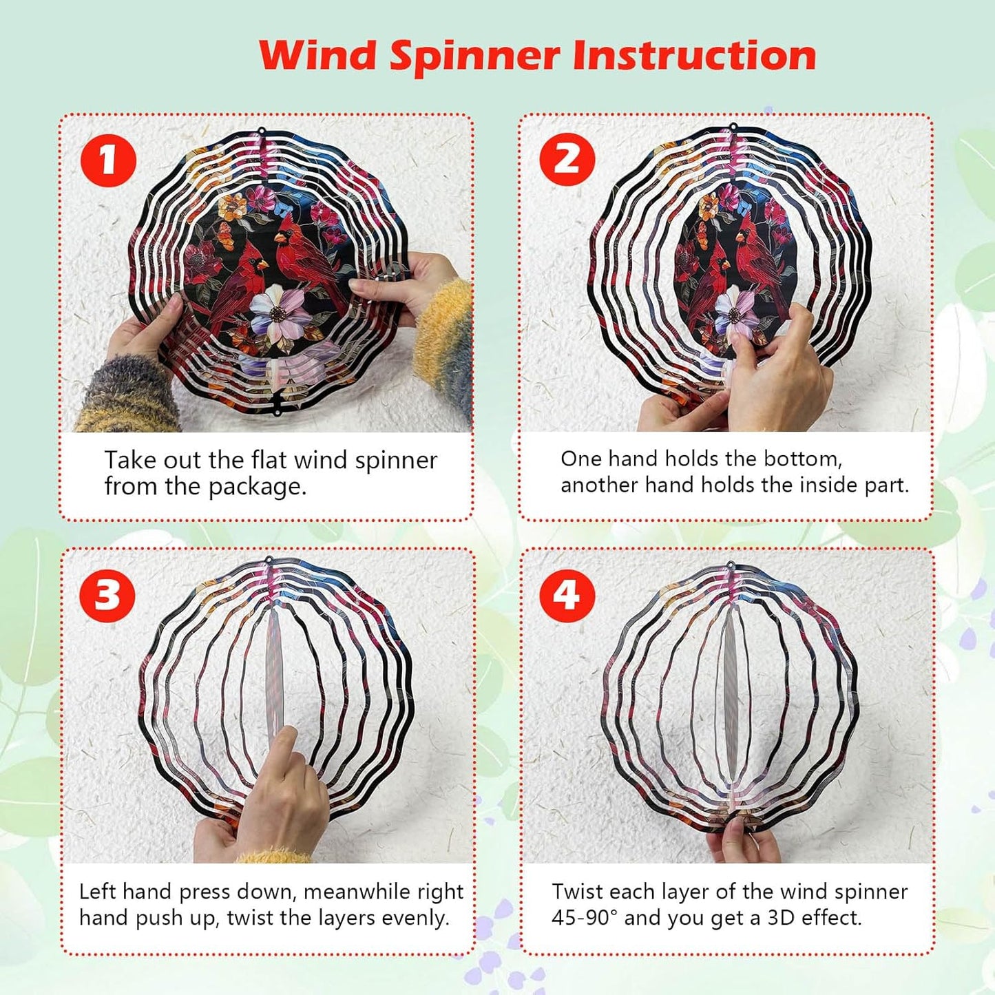 Cardinal Wind Spinner, Red Bird Wind Chimes for Garden Yard Decor, Outdoor Metal 3D Stainless Steel Hanging Wind Spinner 10 inch
