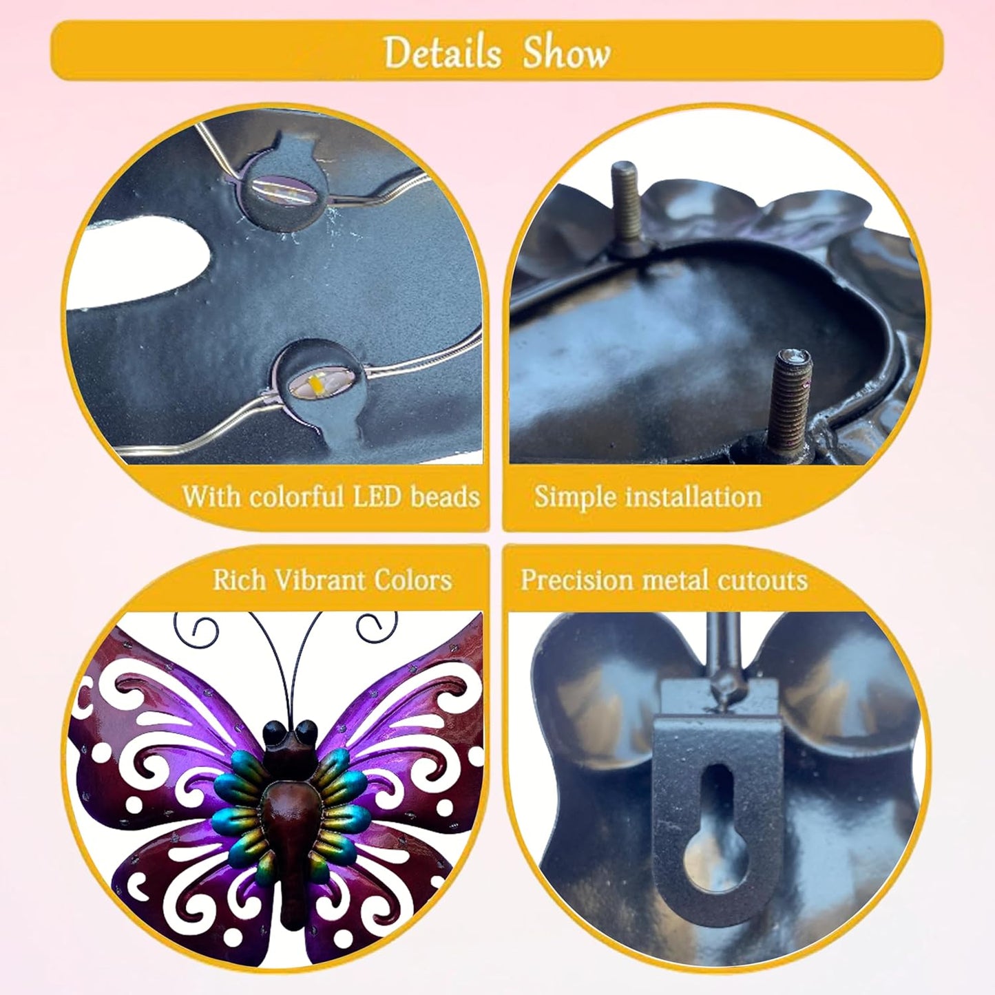 WAIU Solar LED Butterfly Lights, Metal Hanging Wall Art Decor, Waterproof Outdoor Decoration for Patio Garden Yard Fence, Valentine Gifts