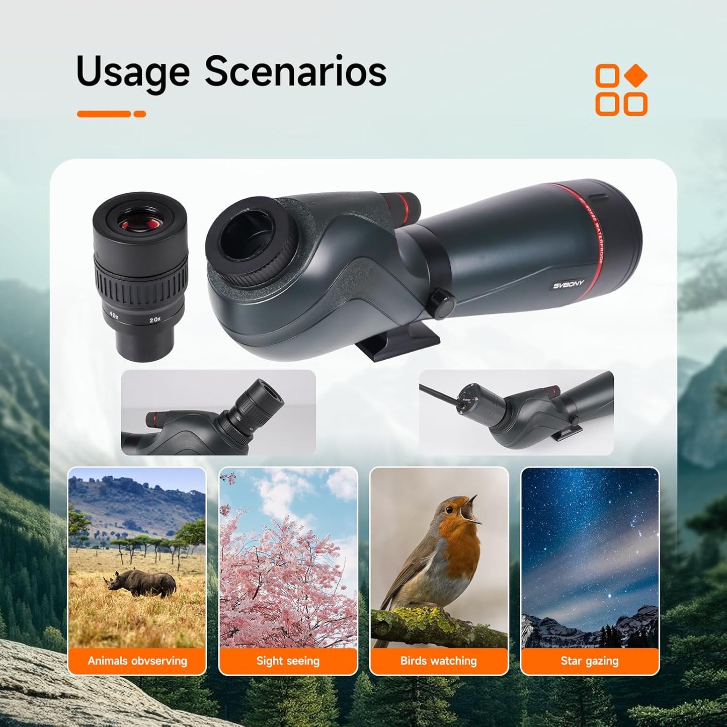 SVBONY SV406 20-60x80 Spotting Scope with Tripod, HD Optical System with BAK4 Prism, Waterproof & Fogproof, 1.25'' Removable Eyepiece, Spotting Scopes for Target Shooting, Bird Watching