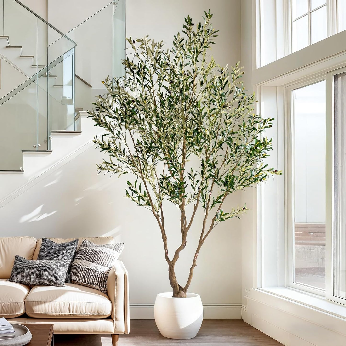 Large Fake Plastic plantas Tall Artificial Trees with Pot Indoor Outdoor Realistic Floor Faux Olive Trees for Home Living Room Office Porch Outside Patio Modern Farmhouse Decor Housewarming Gift
