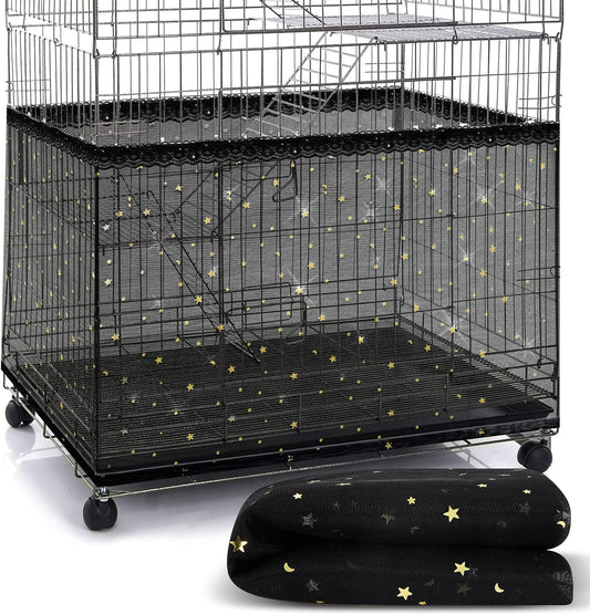 Shappy Large Bird Cage Birdcage Nylon Mesh Net Cover Seed Feather Catcher Universal Birdcage Cover Bird Seed Guard Skirt for Parakeet Macaw African Square Cage (Black Star Style, XL)