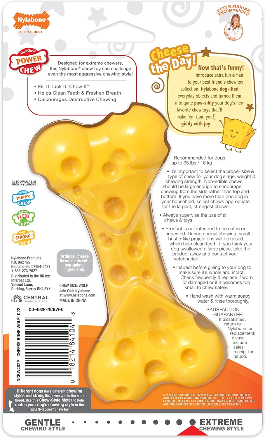 Nylabone Cheese Bone Power Chew Toy for Dogs, Cute Dog Toys for Aggres
