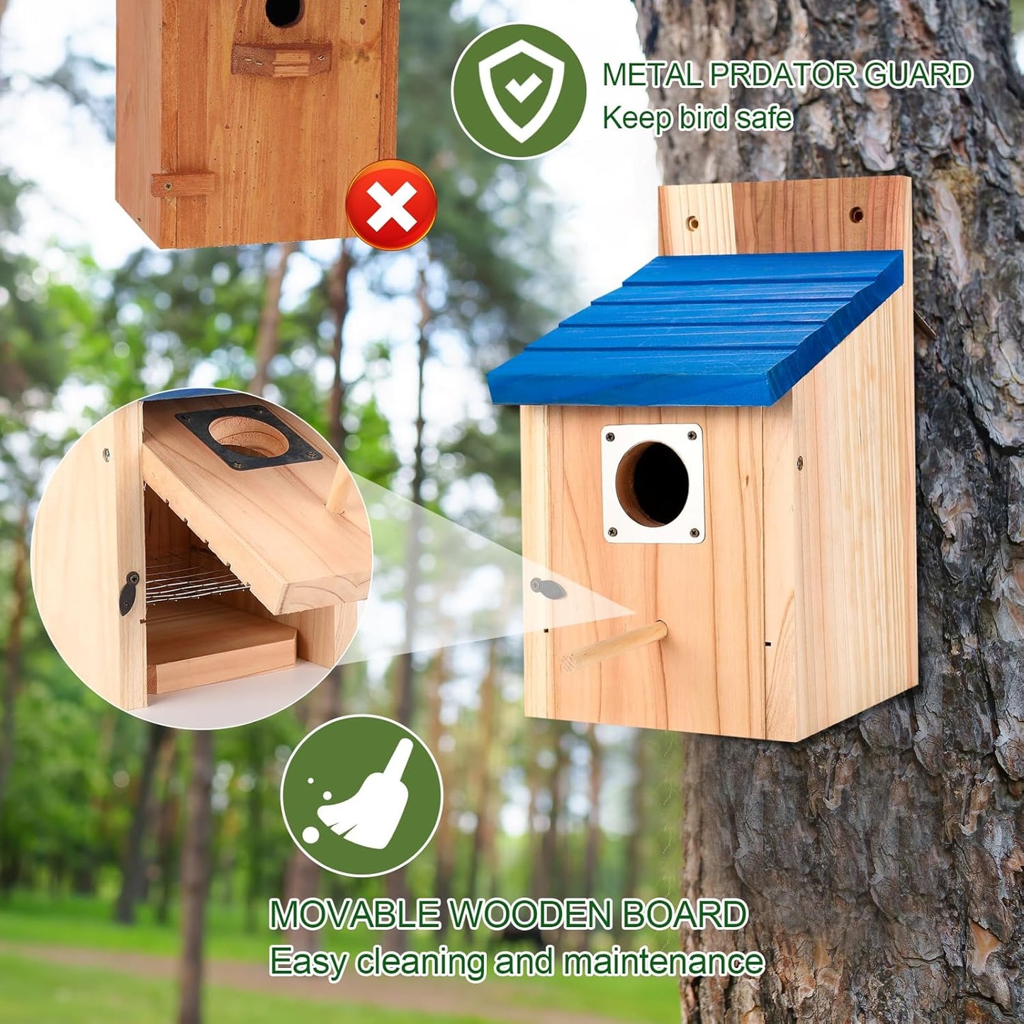 4-Pack Blue Wooden Bird Houses for Outdoors with Predator Guard, Blueb