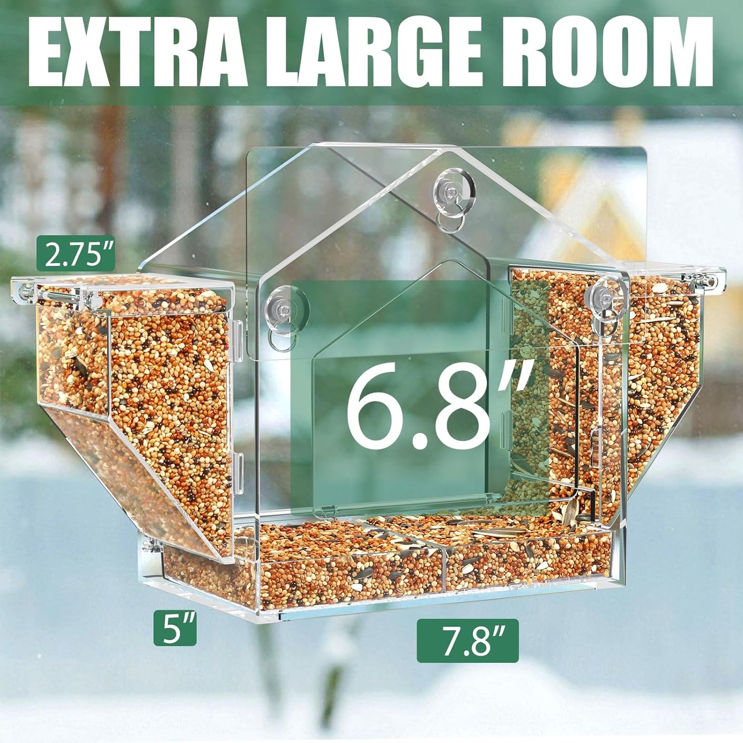 Upgraded Window Bird Feeder with Dual Side Hoppers – High Capacity Outside Birdfeeder for Window – Strong Suction Cups & Adhesive Options, Close-up Viewing for Indoor Cats & Seniors, Ideal Nature Gift