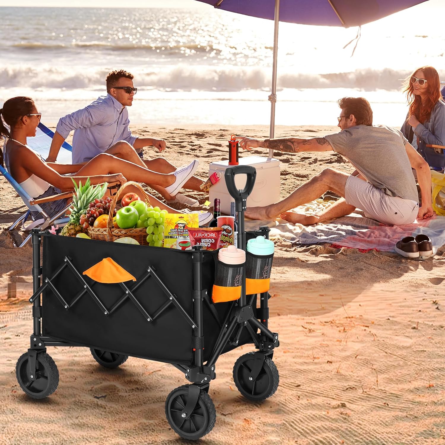 Collapsible Wagon, Grocery Wagons Carts Foldable Utility Wagon with Al