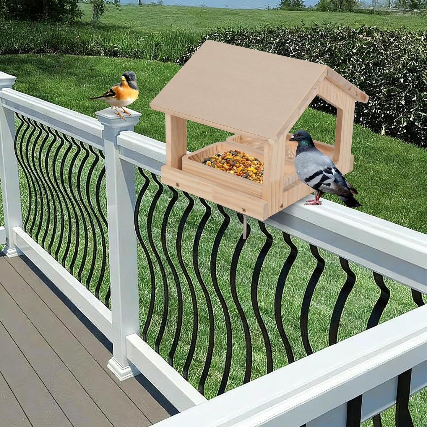 Wooden Bird Feeder with 2 Trays Metal Bracket Railing Mount Balcony Birdfeeder Large Capacity Weatherproof Platform Wild Bird Feeding House for Cardinals Finches Garden Yard Decoration