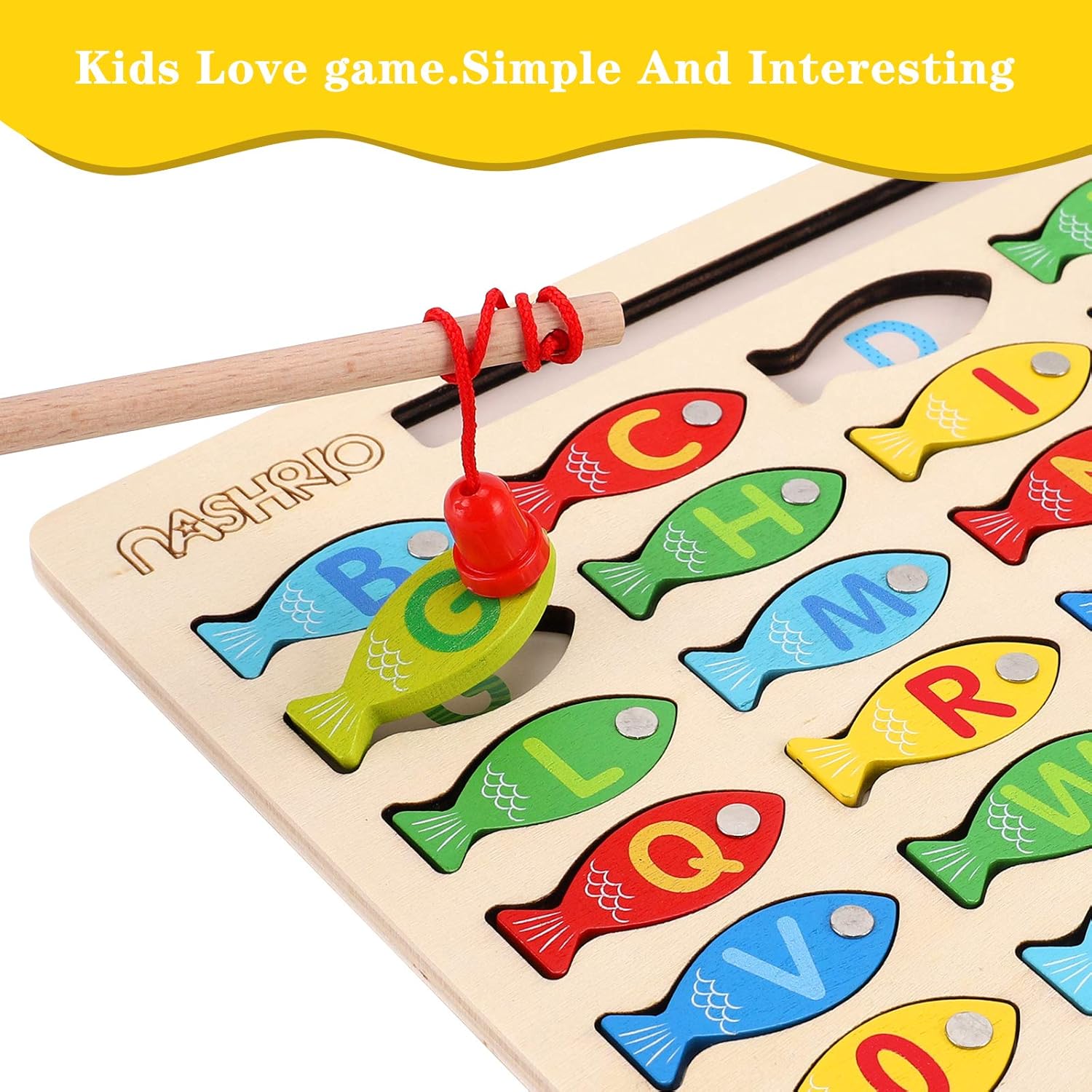 Magnetic Wooden Fishing Game Toy for Toddlers, Alphabet Fish Catching 